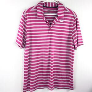Nike Golf Dri-Fit Mens Large Pink White Stripe Standard Fit Polo Shirt 100% Poly